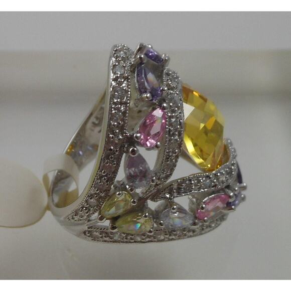 Vintage 1990's CZ Cocktail Statement Ring Simulated Canary Diamond Pink Sapphire - Picture 5 of 9